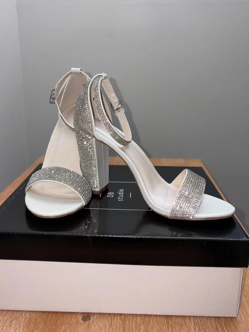 White Bridal Crystal Ankle-Strap Heels with Rhinestone Accents NWT